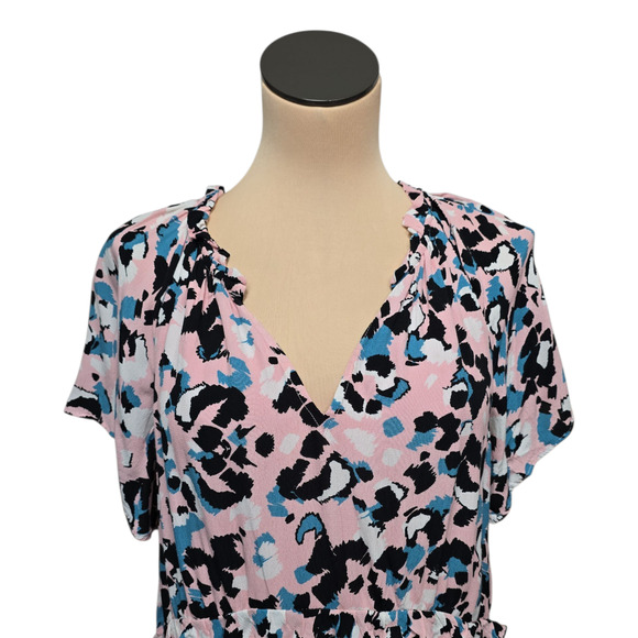 Anthropologie Dress Womens Medium Tiered Ruffle Short Sleeve Viscose Pink - Picture 10 of 11